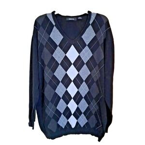 Claiborne Men's Sz XXL Sweater Black White Gray Argyle Vneck Long Sleeve Cotton